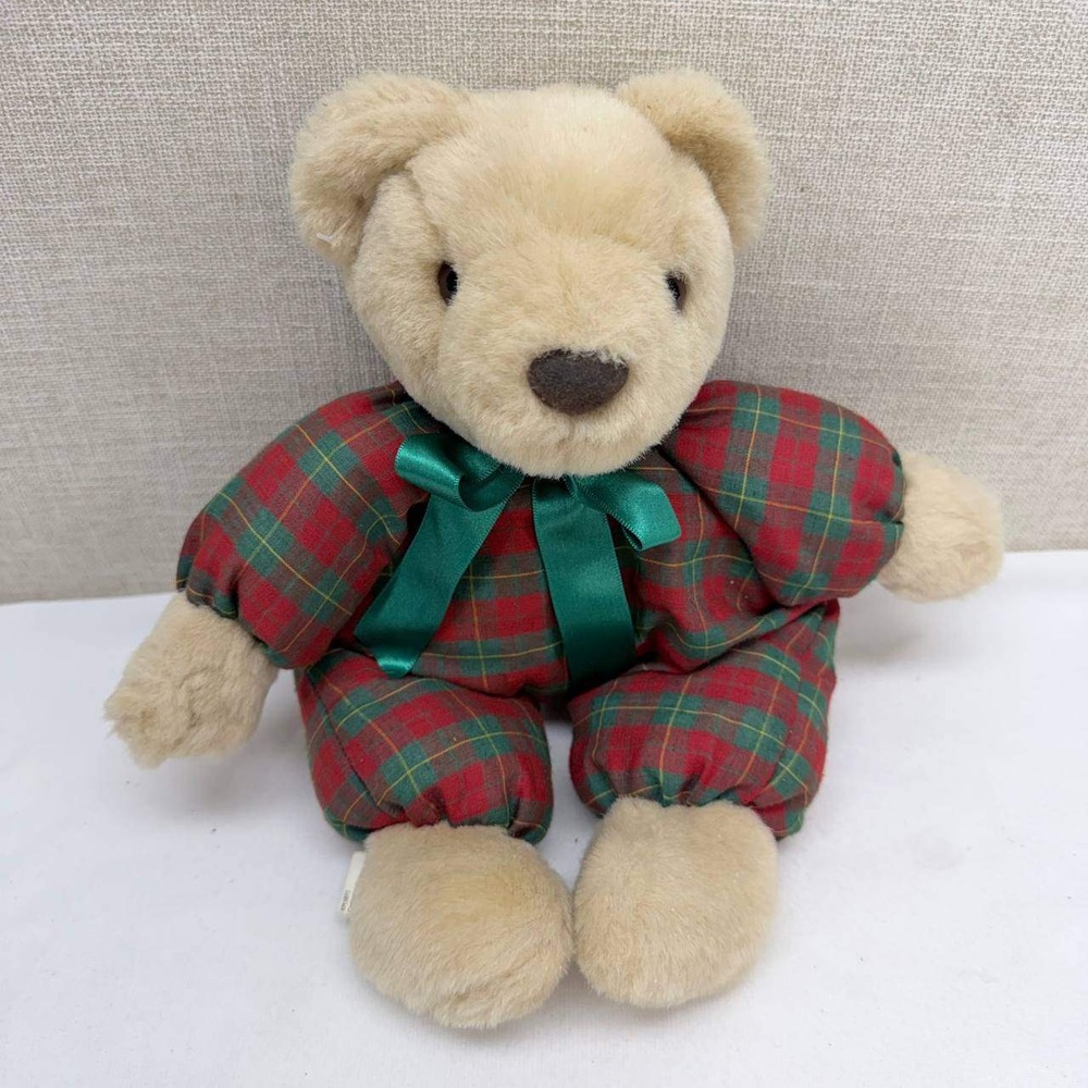 Vintage Hallmark Christmas Teddy Bear Plaid Holiday Outfit Green Bow 12in